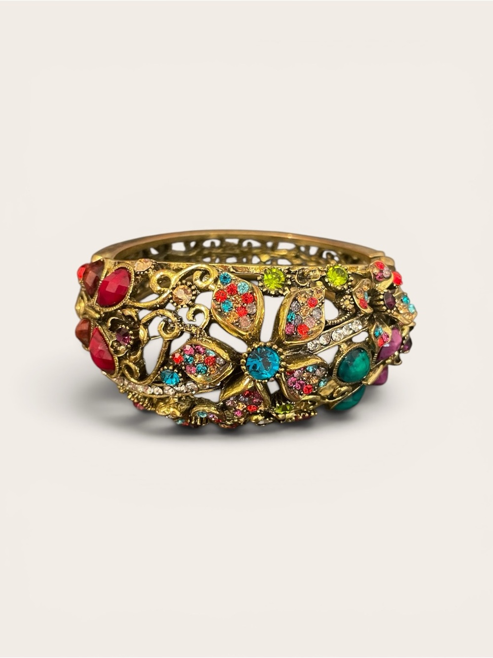 Vintage Antique Gold Multi Color Rhinestone Filigree Hinged Bangle Bracelet